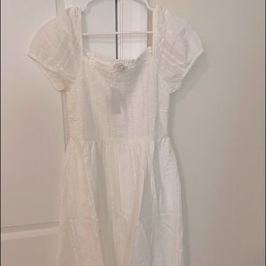 Loft Smocked Puff Sleeve Midi Pocket Dress